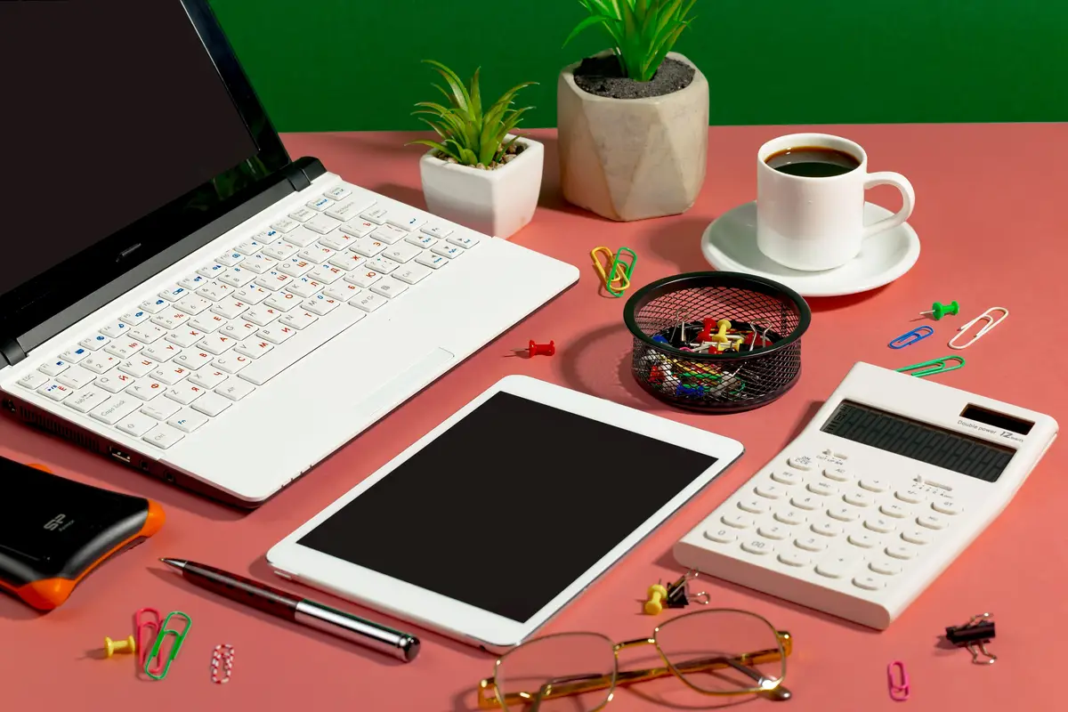 Items for doing business on a bright colored background