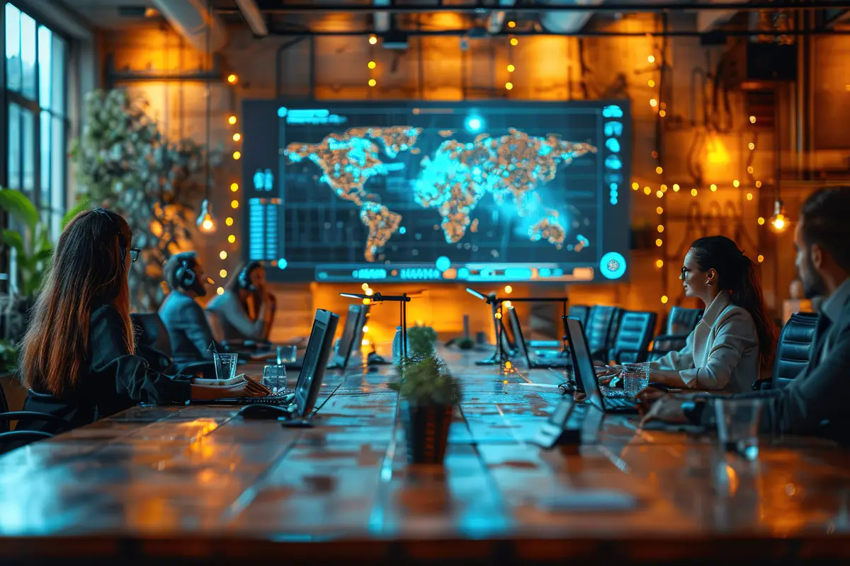 The room is dimly lit giving it a serious and focused atmosphere