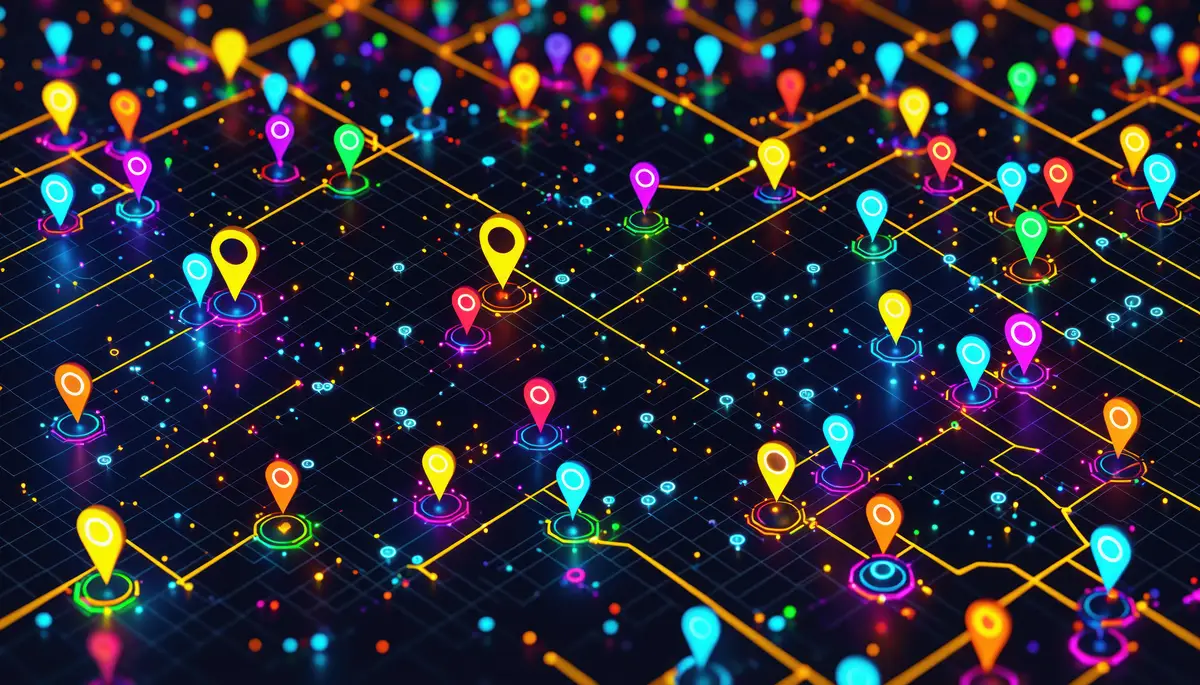 Depicting a futuristic digital map with various colored location pins placed throughout its interconnected network of pathways