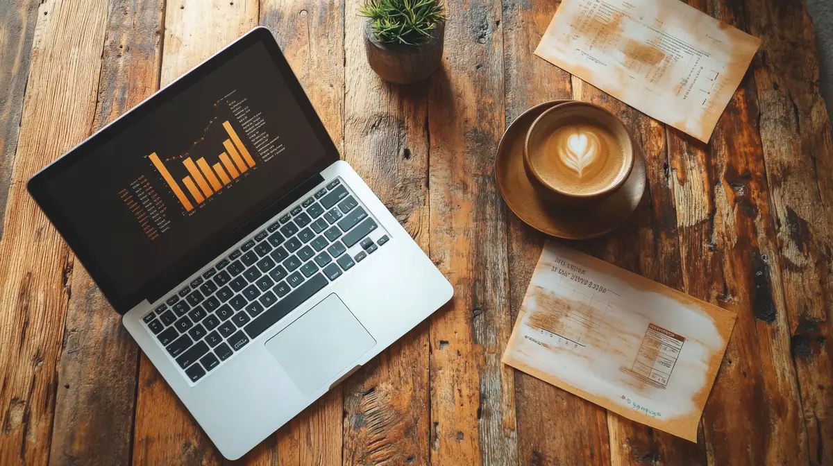 Laptop with Charts Coffee and Papers on a Wooden Table