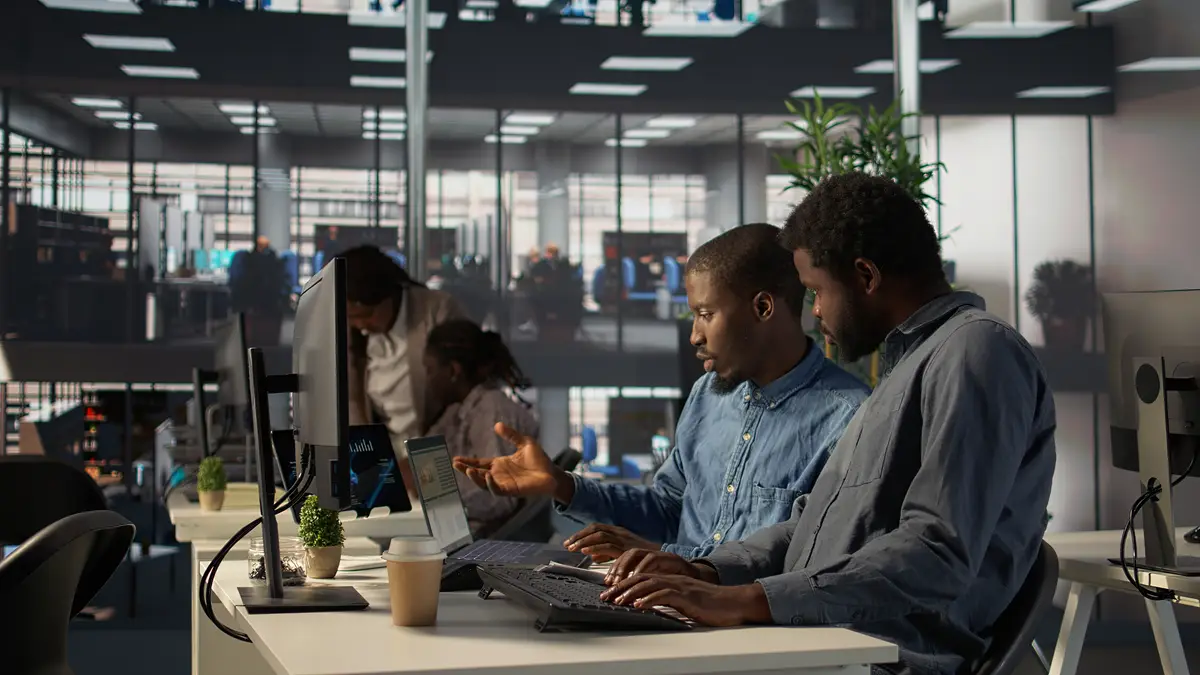 Black corporate team collaborate on global investment strategy