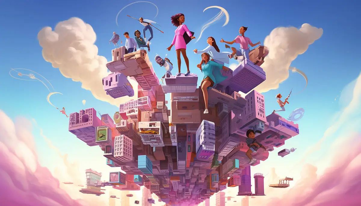 futuristic city where women of different ethnicities and professions are flying with jetpacks