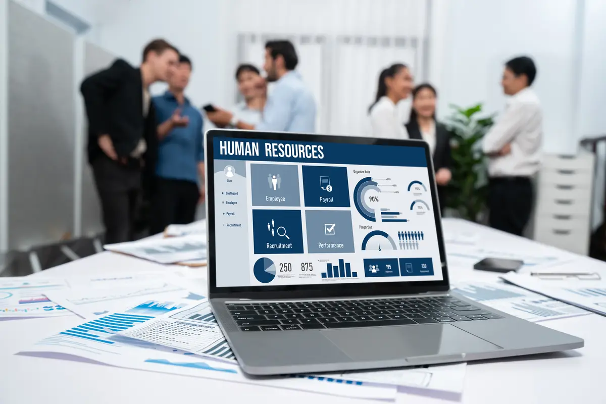 Human resources software on computer screen help employee manage people brisk