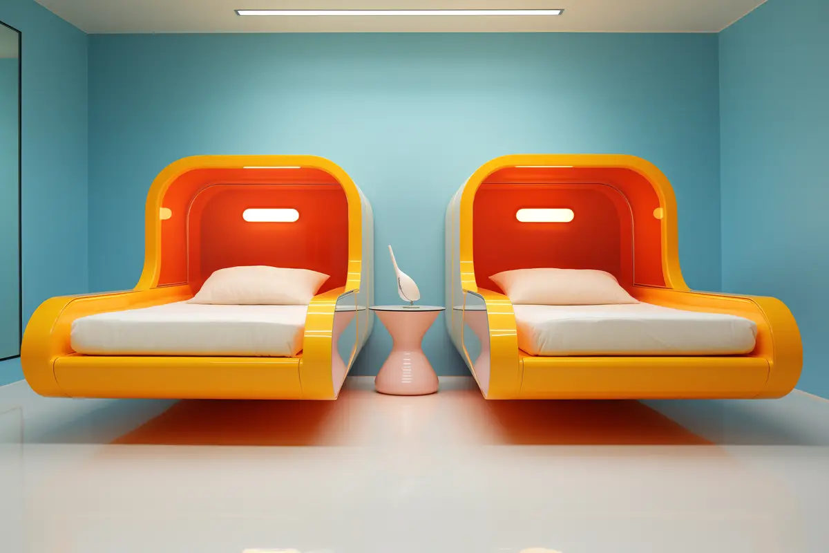 View of bedroom with futuristic decor and style