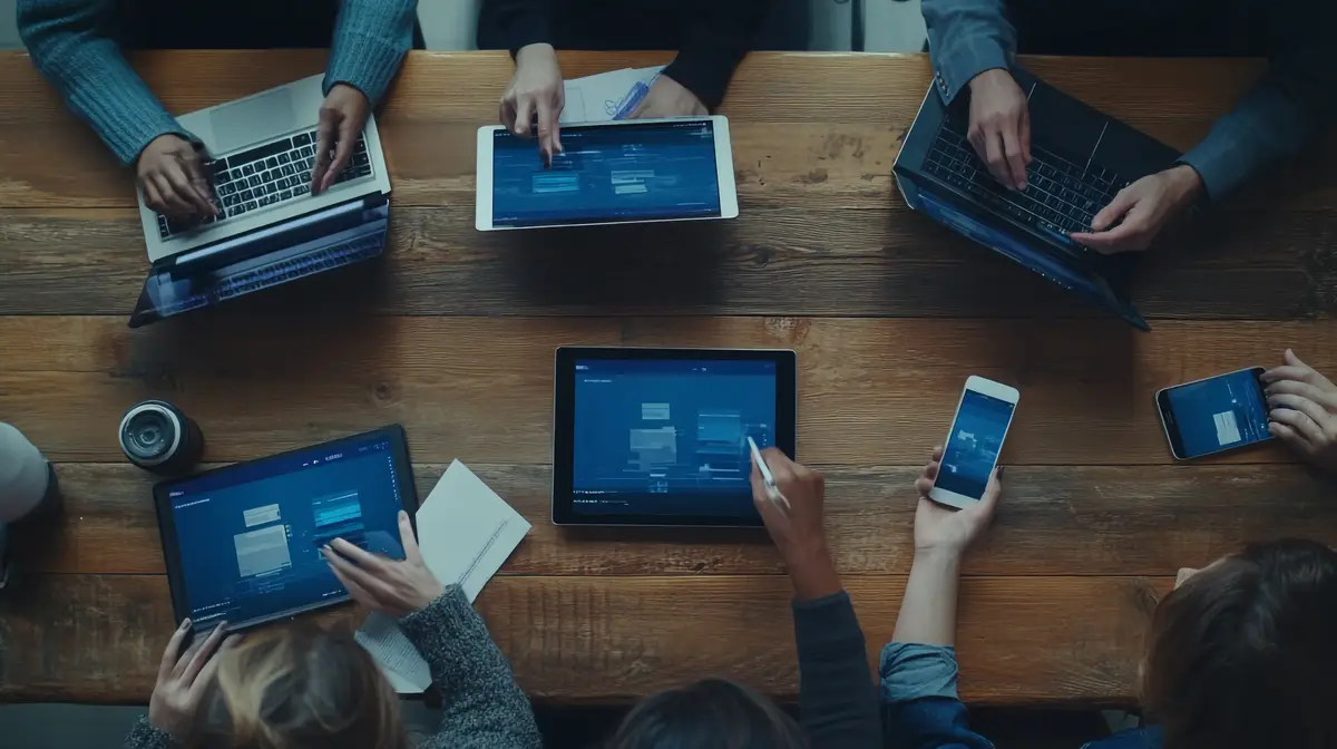 A company adopting paperless practices with employees using tablets smartphones and laptops durin