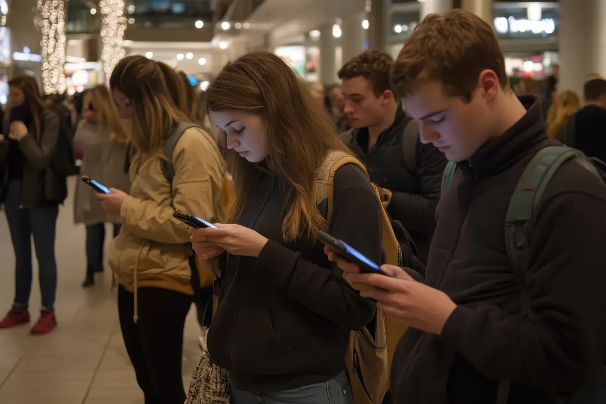 Shoppers Checking Phones for Deals A group of shoppers in a mall each looking at their smartphones
