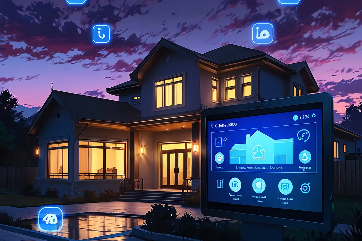 Twilight View of a Luxury Smart Home Exterior with Visible Digital Icons Symbolizing Connected Home