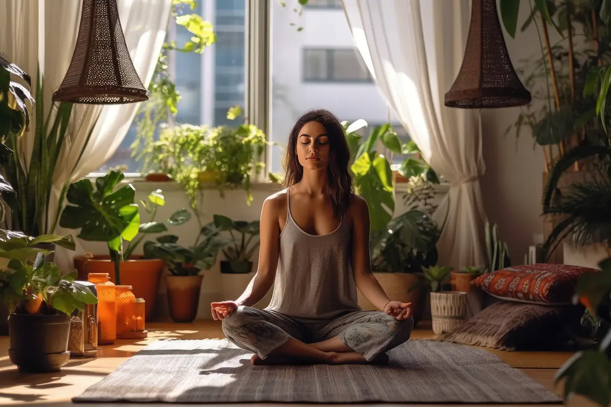Beautiful young woman kundalini yoga in lotus pose in the boho style interior