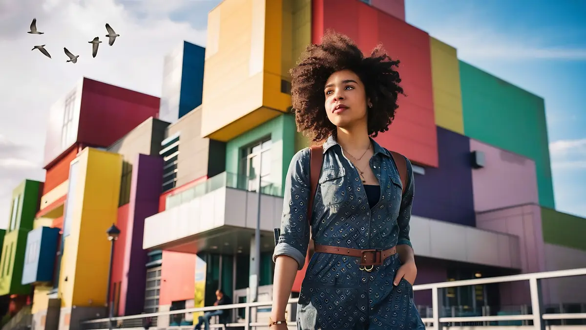 Young woman with curly hair near a modern colorful building