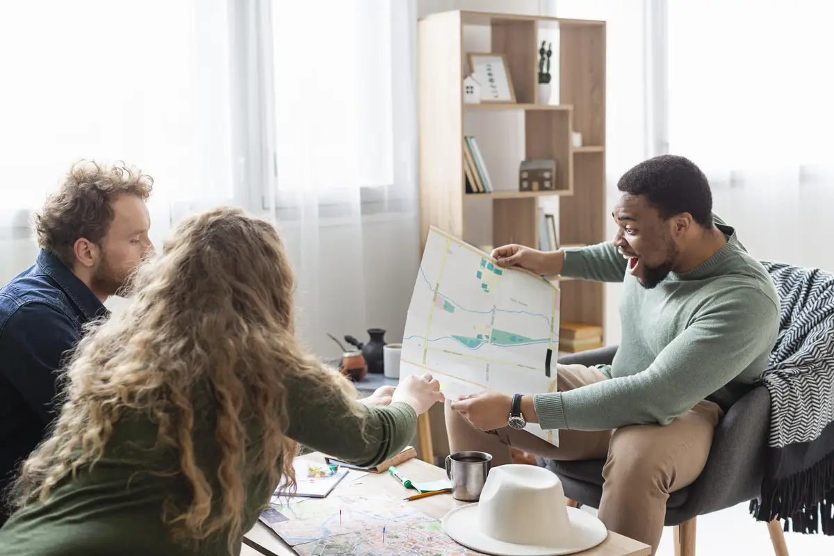 Medium shot people planning trip with map