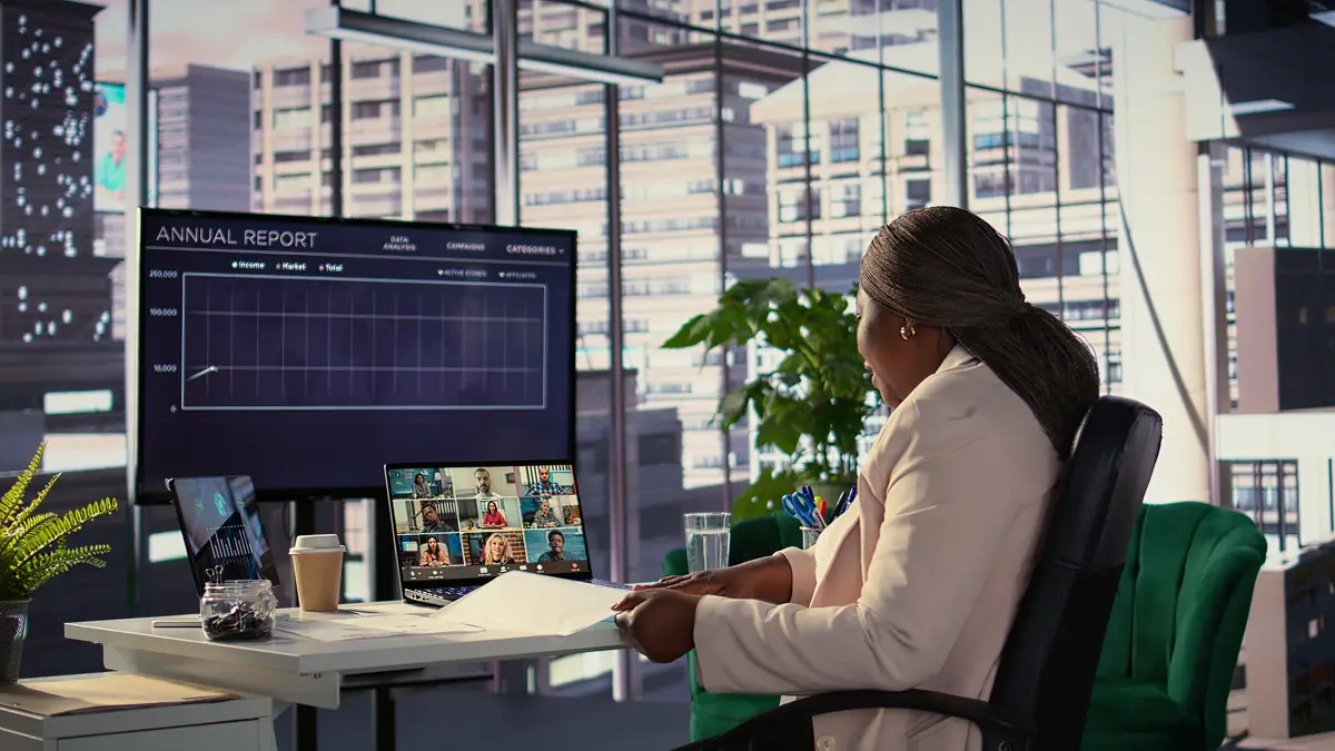 Ambitious black businesswoman negotiating with investors on online videoconference