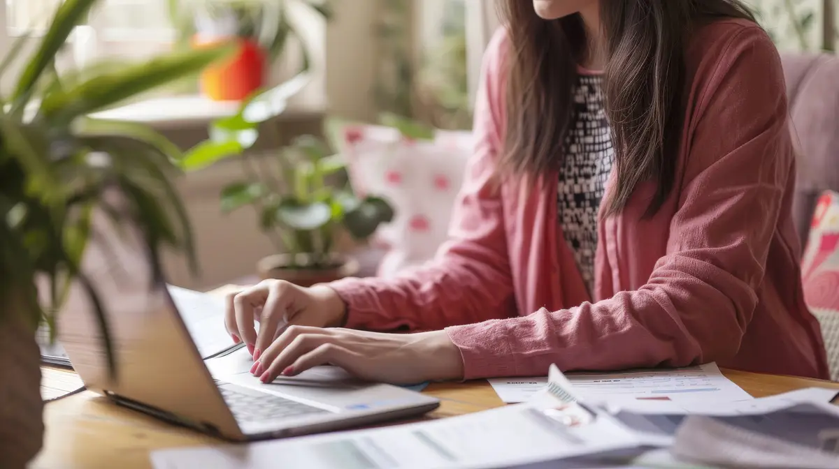Person calculating tax returns at home with documents and a laptop