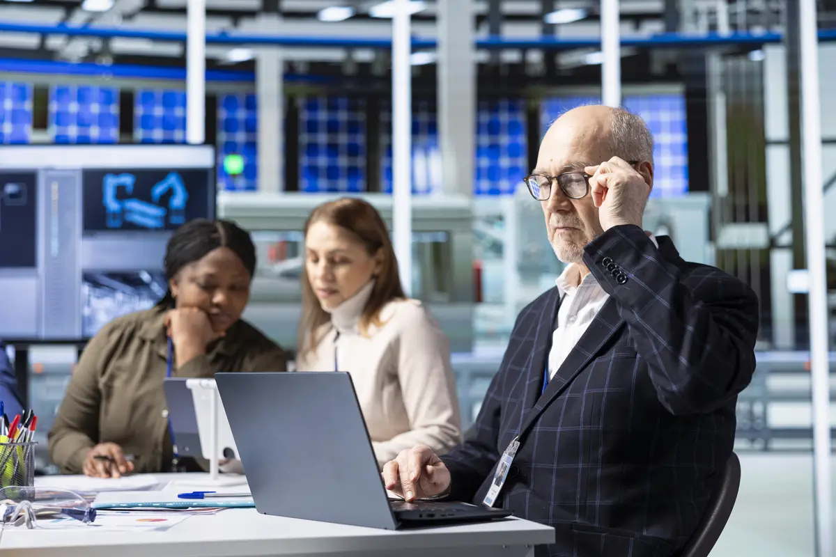 Factory expert uses laptop to prepare research and development insights