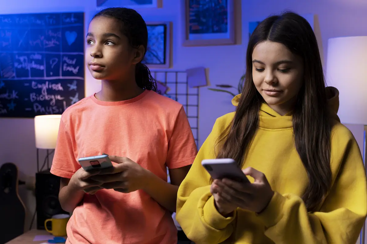 Two teenage girls texting together at home on smartphones