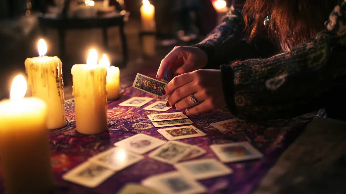 A tarot card reading session with candles illuminating a table in a cozy mystical setting during the evening hours
