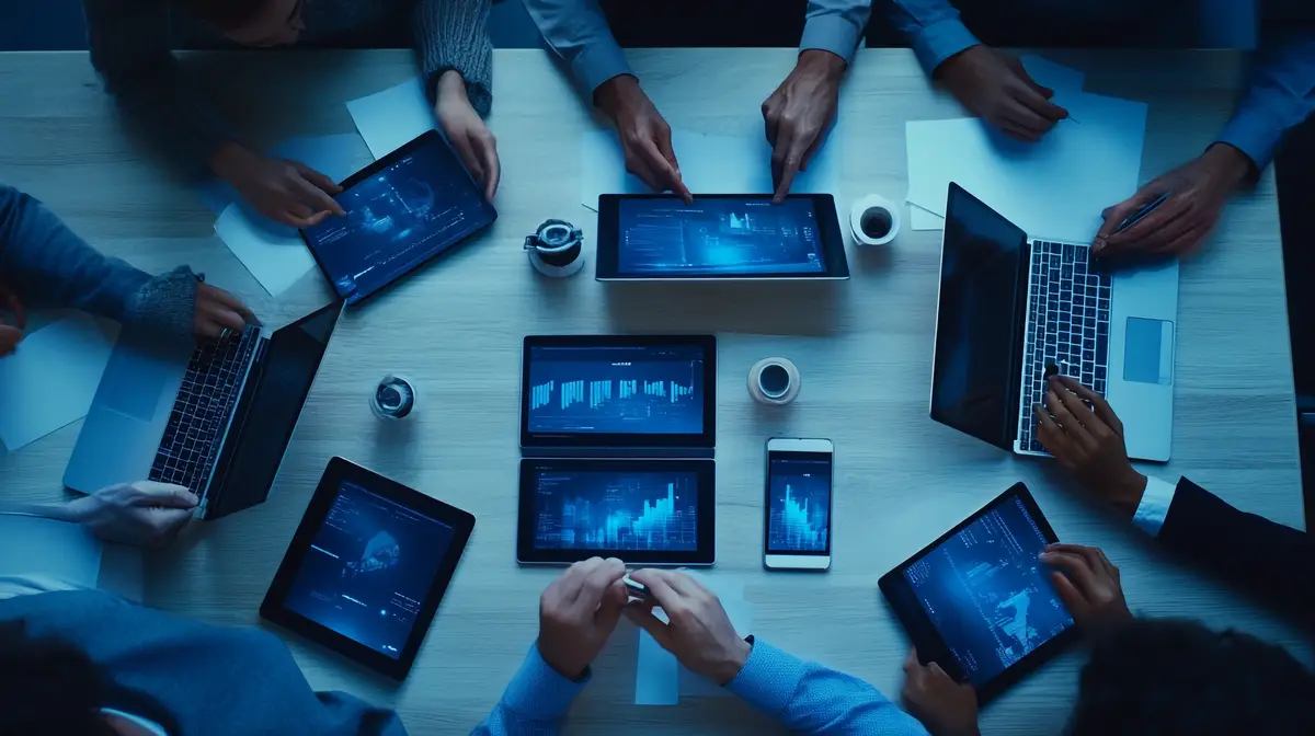 A company adopting paperless practices with employees using tablets smartphones and laptops durin