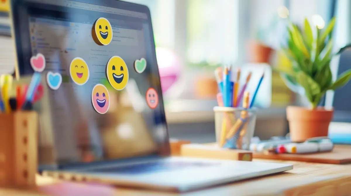Emoji stickers on laptop screen in a bright home office setting with creative workspace vibes