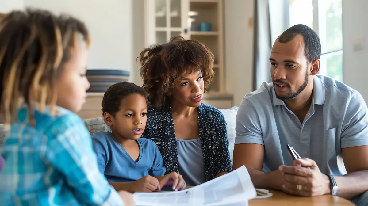 A family sits on a couch looking at papers while having a discussion