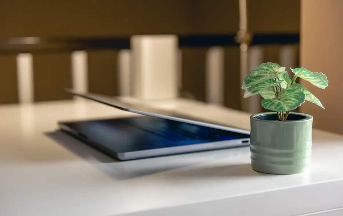 Laptop on the desktop on a blurred background