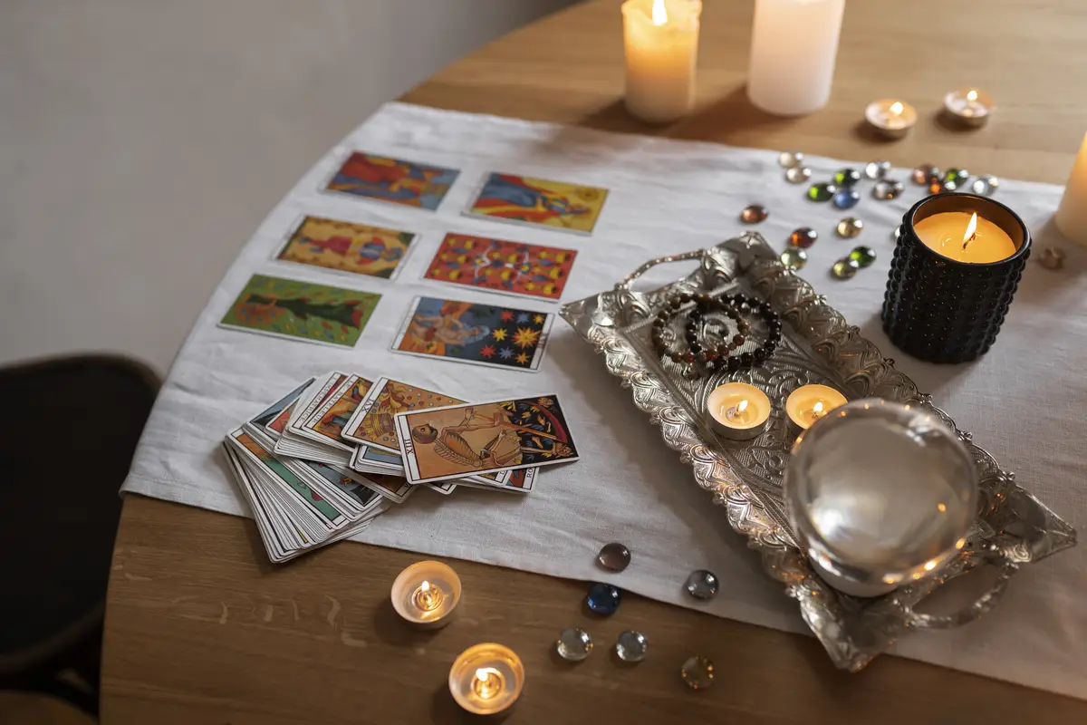 High angle tarot cards arrangement on table