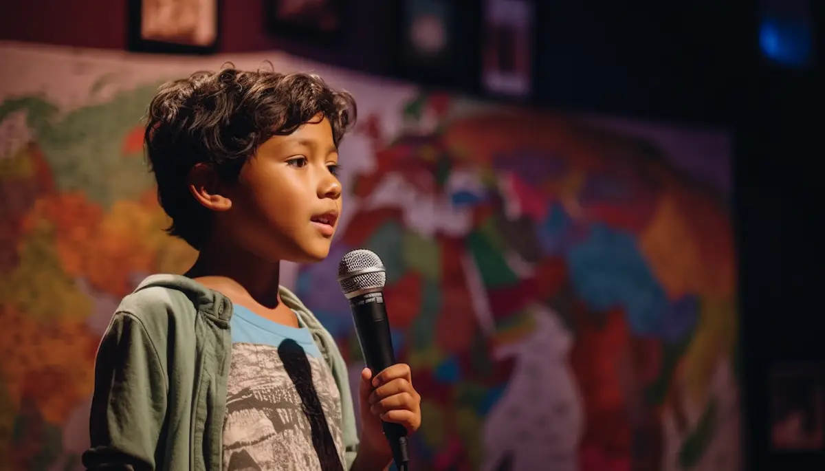 Cute schoolboy singer performs on stage with guitar generated by AI