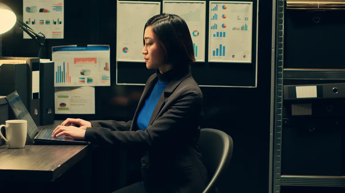 Asian private inspector examining archived materials and folder