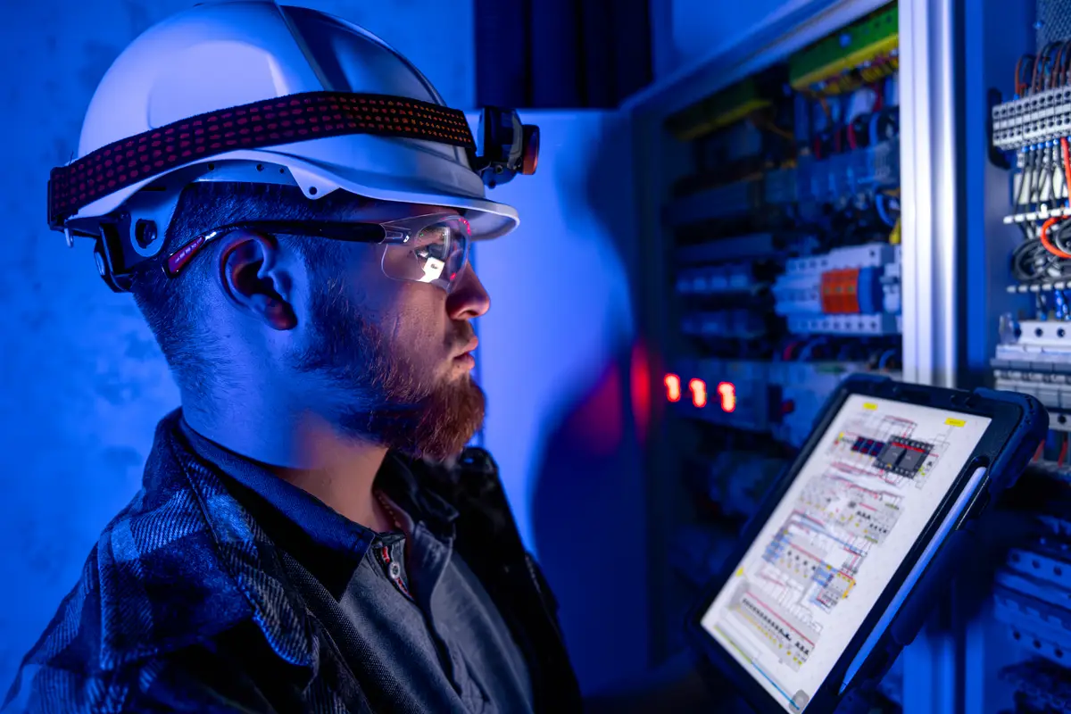 Electrician in overalls focused on work in switchboard with fuses using tablet