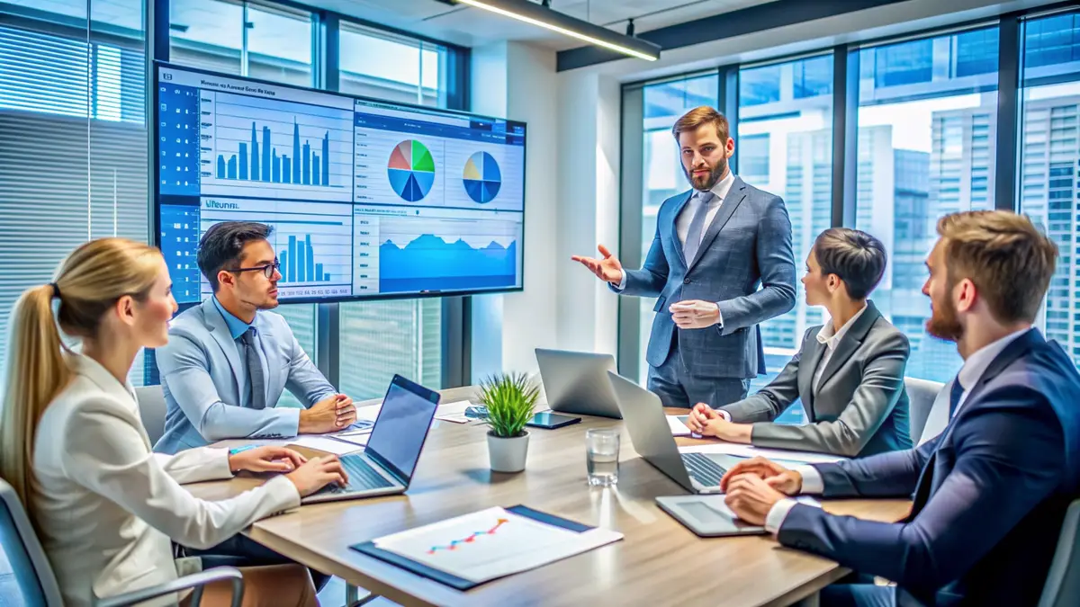 Business people in a meeting room looking at a presentation on a big screen