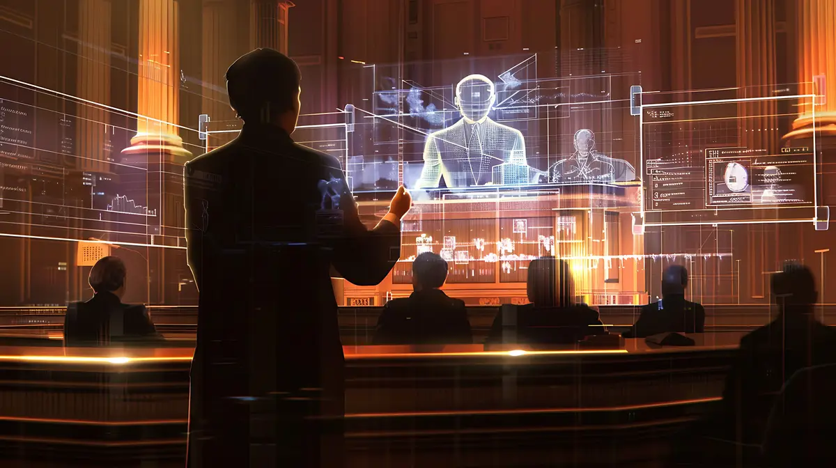 Legal expert arguing a case in a modern courtroom with holographic evidence displays