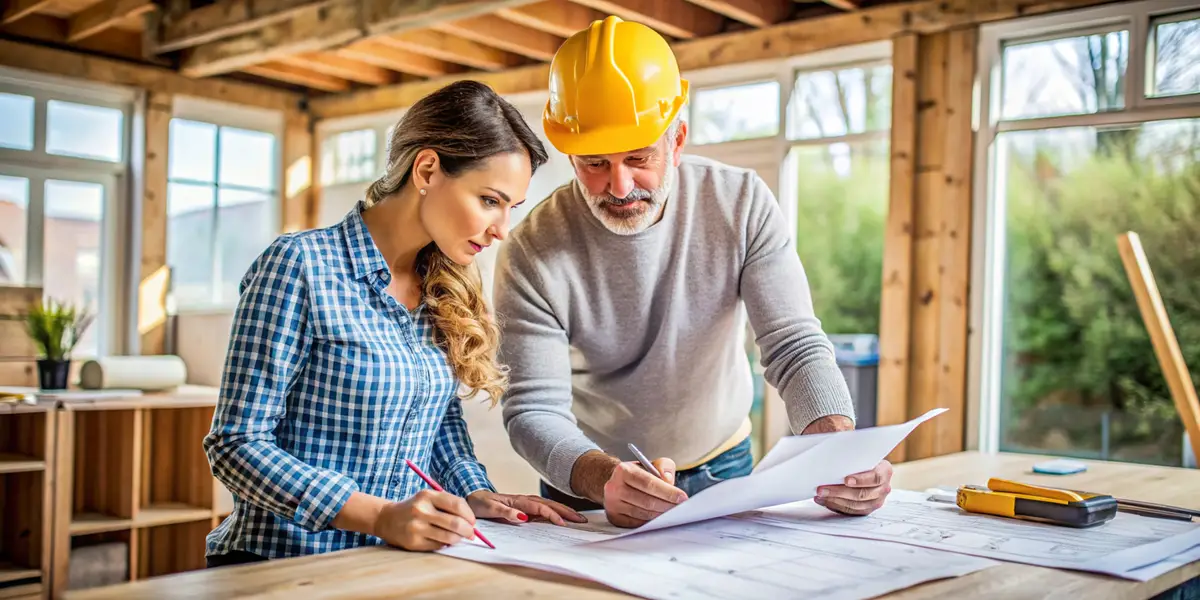 A woman and an architect consult about remodeling and renovating their home while looking at blueprints and drawings