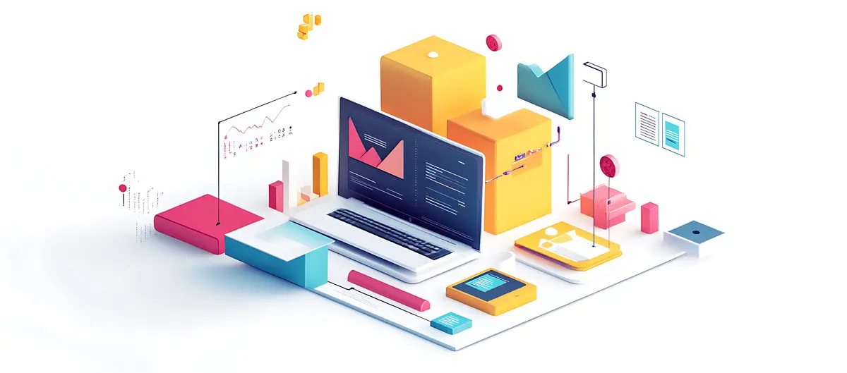 Isometric Illustration of a Laptop with Data Visualization Elements
