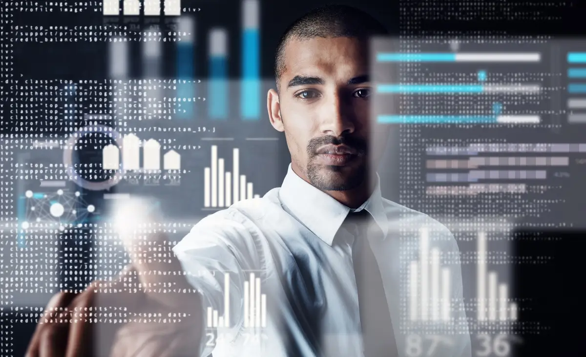 Overlay click and man in office for finance data analysis and business intelligence at night Future tech hologram and investor in dark agency for economy research investment selection and choice