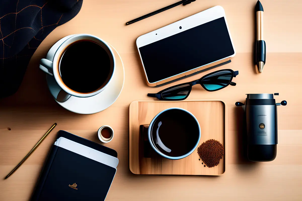 Artist hipster photographer table with black notebook camera coffee maker and cup of espresso
