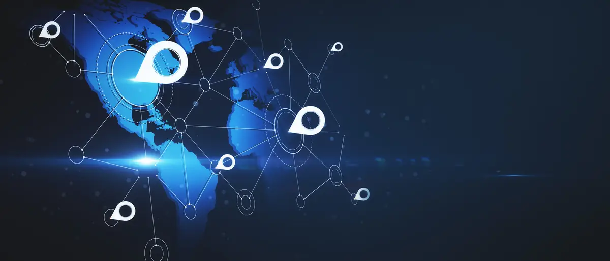 Geolocation and navigation concept with bright digital pin marks and blue world map model on dark backdrop with copyspace for your logo 3D rendering mockup