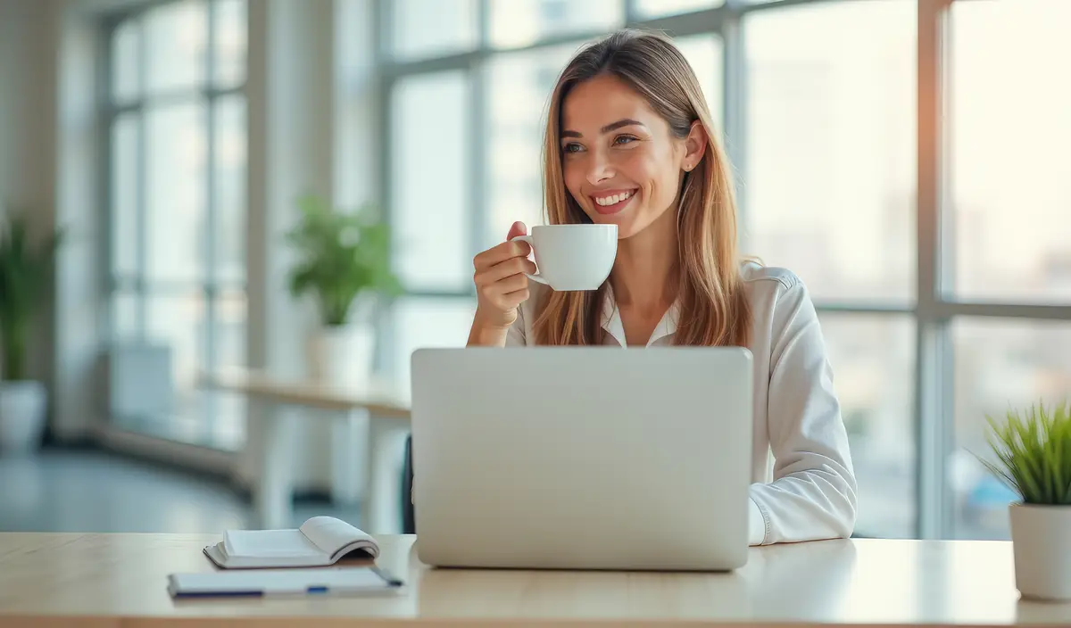 A happy businesswoman is sitting at a table with a laptop drinking coffee in a bright office