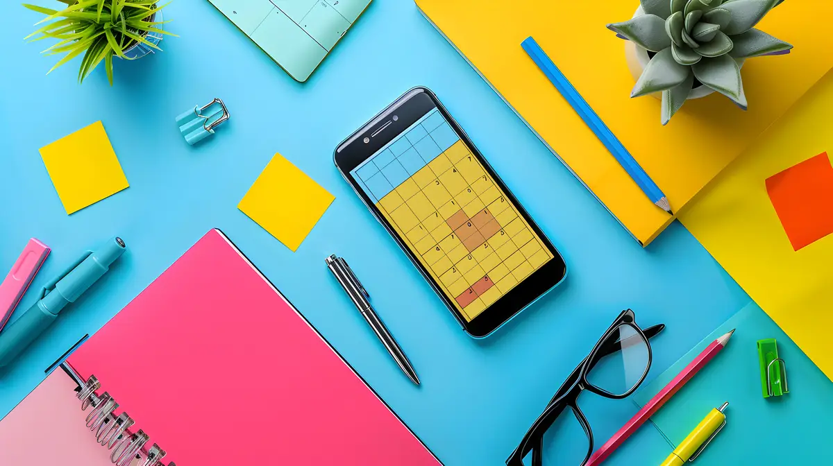 Double Exposure Photo Realistic Flat Lay Calendar Phone Sticky Notes for Scheduling and Time Mana