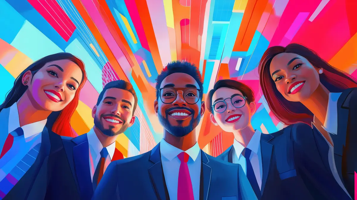 Illustration of a Smiling Diverse Team with Ethnic Diversity and Equality Low Angle Shot