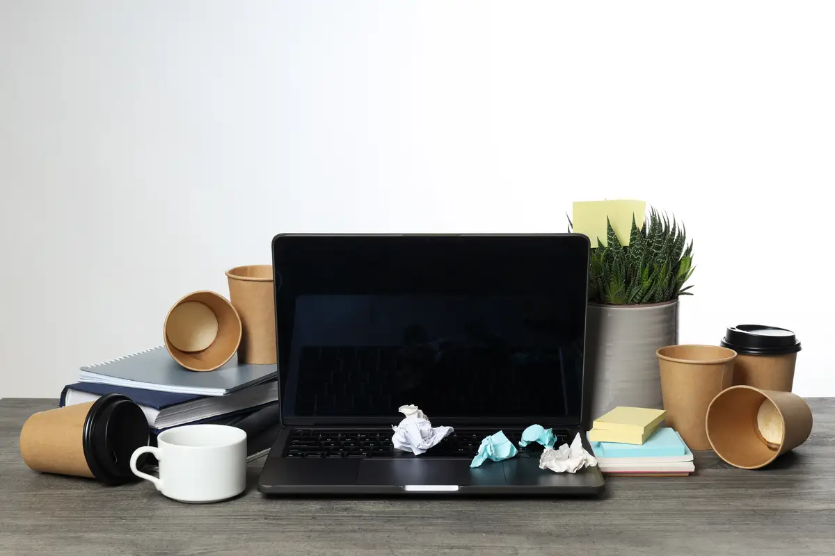 Messy office workplace workplace and workspace concept