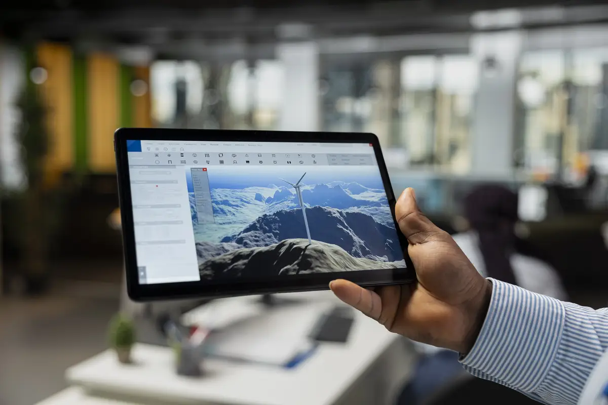 Close up of cad engineer using tablet app in office to upgrade turbine boosting power output