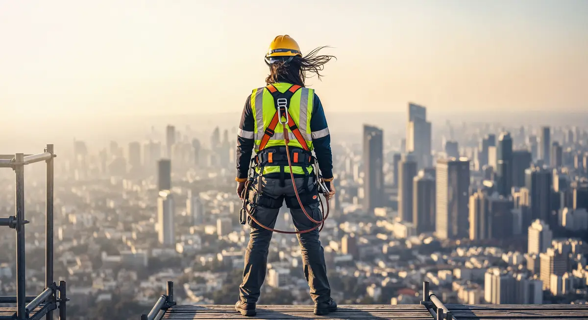 Construction worker overlooking cityscape