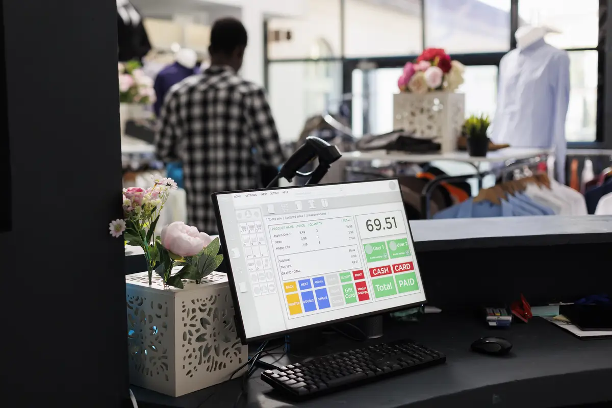Selectiv focus of computer with cash register, in background customers shopping for casual wear in modern boutique. African american man looking at hangers full with fashionable clothes