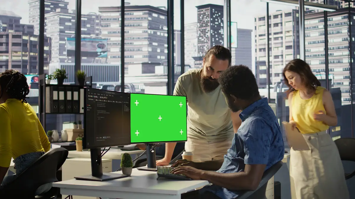 System administrator does software debugging on green screen PC with colleague