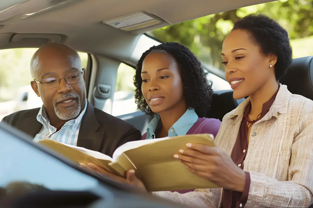 Three People Reading a Book in a Car