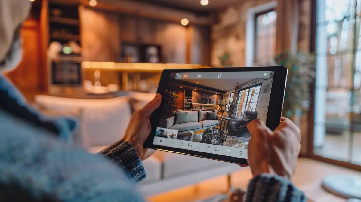 a man demonstrating a home surveillance system on a tablet with a cozy living room