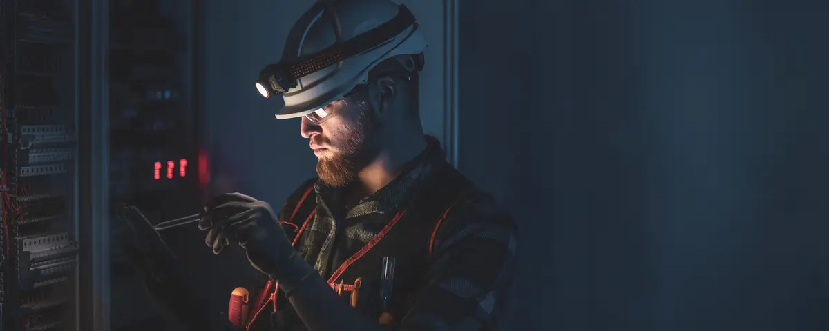 A male electrician in overalls focused on work in switchboard with fuses using tablet