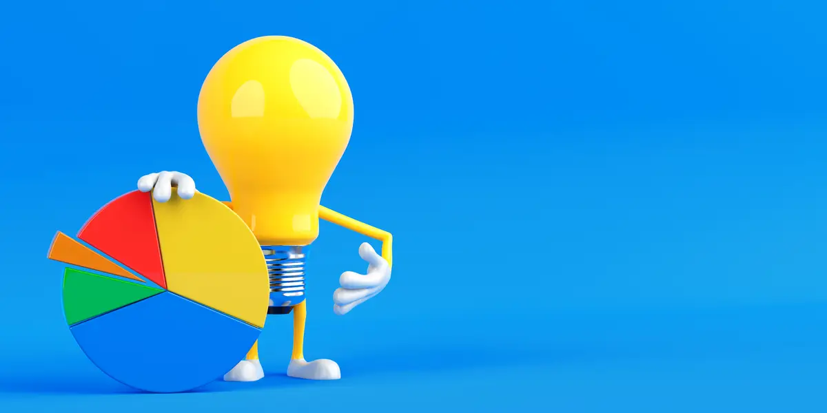 Business Analytics And Data Strategy Concept Light Bulb Character Holding Colorful Pie Chart 3d Rendering