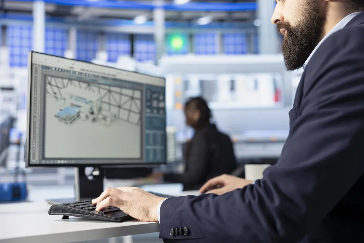 Close up of photovoltaics facility expert at workstation desk