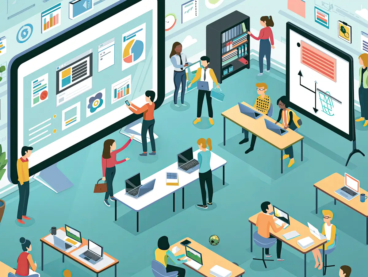 a cartoon illustration of people in a library with a map of the business card on the wall