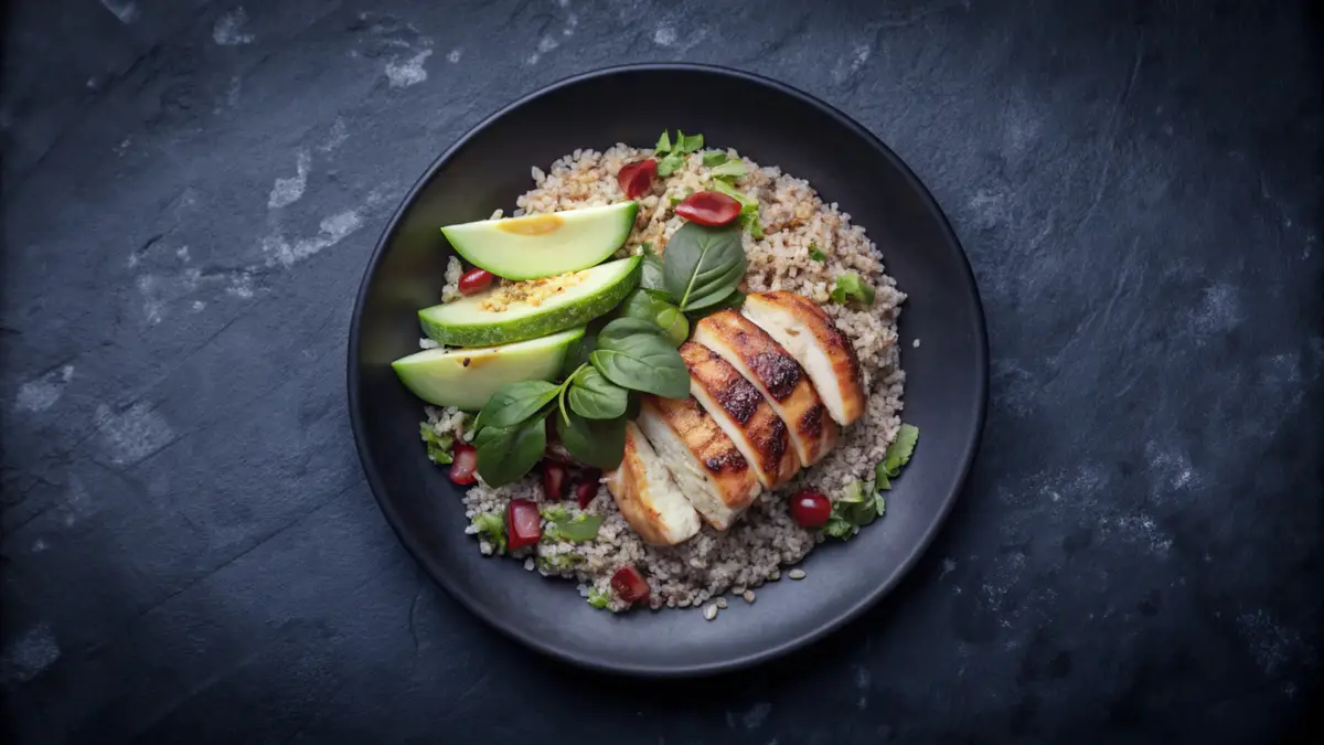 Grilled chicken with avocado and rice on a black plate