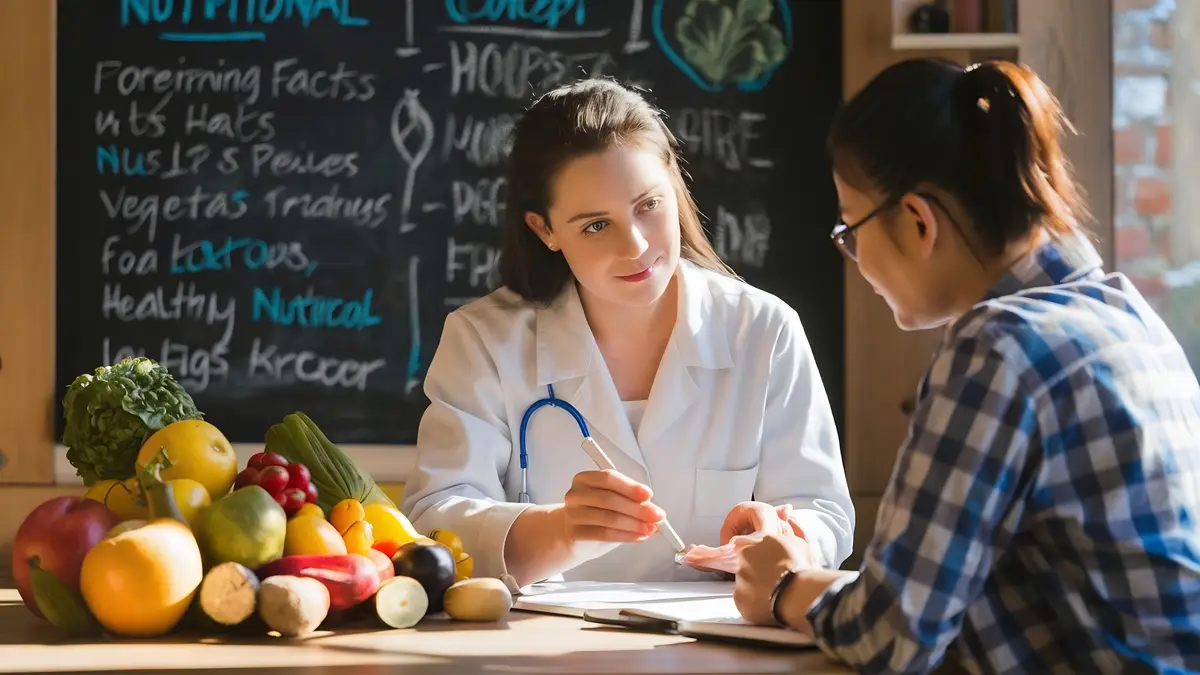 Nutritionist giving consultation to patient with healthy fruit and vegetable right nutrition and d